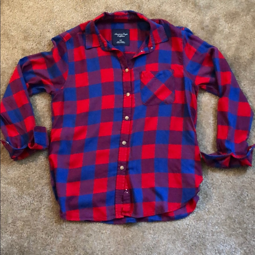 Blue and red plaid button down shirt